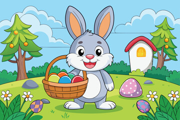 Fototapeta premium Cute Easter Bunny Carrying Basket of Colorful Eggs