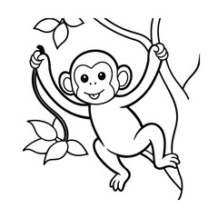 happy monkey swinging on tree branch coloring page