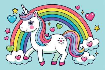 Fototapeta premium Cute Cartoon Unicorn with Rainbow and Hearts