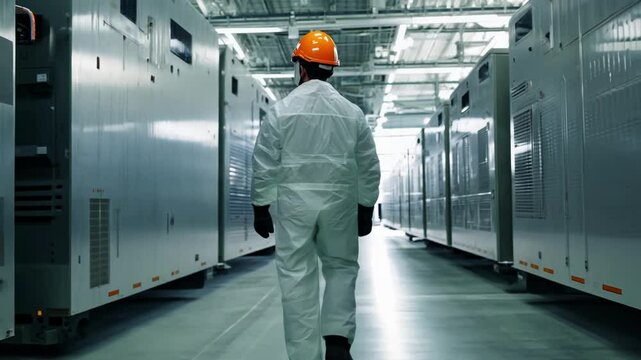 Technician wearing orange hazmat suit walking through modern data center corridor with rows of server racks and bright industrial lighting