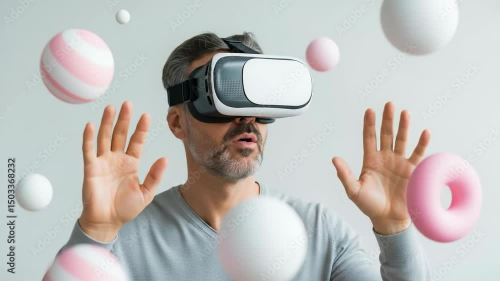 Poster middle aged man with virtual reality headset playing in metaverse, trying to interact with digital o