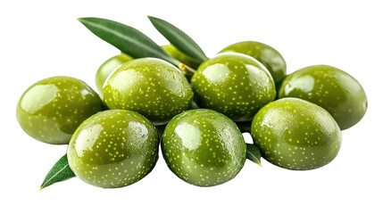 Delicious green olives with leaves isolated on white background PNG
