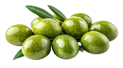 Delicious green olives with leaves isolated on white background PNG