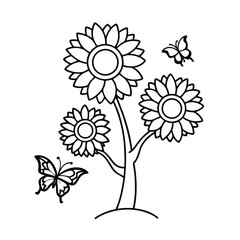 simple coloring page tree sunflowers butterflies
