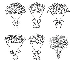 Hand Drawn Flower Bouquet Coloring Pages – Floral Wrapped Bouquet Line Art Set