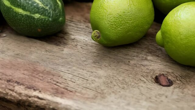 Fresh green chayote squash and lime arrangement on a weathered wooden surface, suggesting organic produce for cooking.