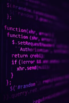 Ultra realistic 3D software code lit with purple pink glow. AI-generated.