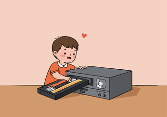 A young boy joyfully plays with an old cassette player, captivated by the nostalgic technology. Warm colors and a simple composition evoke childhood memories. Perfect for lifestyle and retro themes.