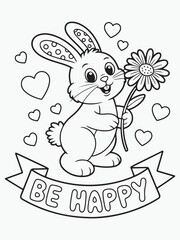 Happy Bunny Holding a Flower with Hearts Coloring Page