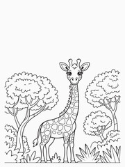 Happy Giraffe with a Long Neck and Leafy Trees Coloring Page