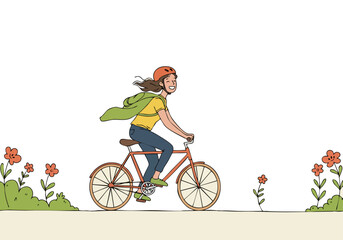 Fototapeta premium A cheerful woman cycles through a flower-filled meadow, enjoying a free ride. Vibrant colors and a relaxed pose convey joy and outdoor bliss. Perfect for lifestyle and wellness campaigns.