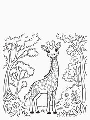 Happy Giraffe with a Long Neck and Leafy Trees Coloring Page
