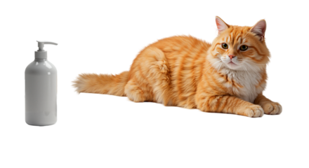 Orange cat lying next to bottle of grooming shampoo on white background  