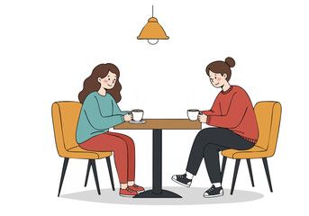 Two friends enjoy coffee and conversation in a cozy cafe. Warm lighting and a relaxed atmosphere create a perfect best friends day scene.  Ideal for lifestyle and connection themes.
