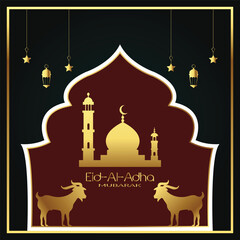 Eid al-Adha Mubarak Golden Mosque and Goat Illustration