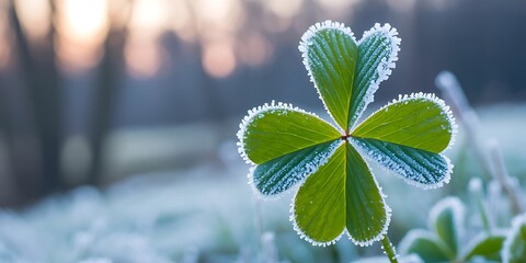A close up shot of a four leaf clover covered in frost with a blurred background in soft lighting