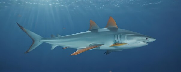 Obraz premium Fierce orange-finned shark, blue ocean backdrop, underwater world, dangerous animal, shark