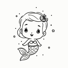 Cute Kawaii Mermaid Girl Vector Illustration for Kids Coloring and Crafts.