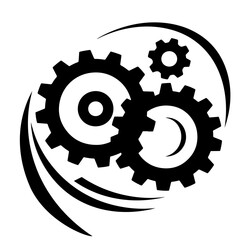 A black illustration of three interlocking gears in motion.