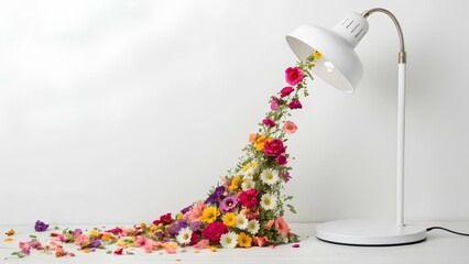 Modern white desk lamp with a flexible neck pouring out an artistic cascade of colorful flowers, blending everyday functionality with nature's beauty in a unique, imaginative composition