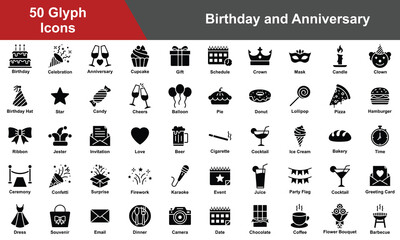 Birthday and Anniversary Icon Set Collection. Containing Birthday, Celebration, Anniversary, Cupcake, Gift, Schedule, Crown, Mask. Simple Glyph Vector Illustration.