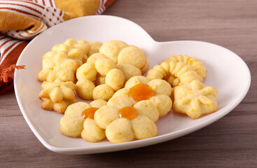 Spritz cookies in heart shaped  plate