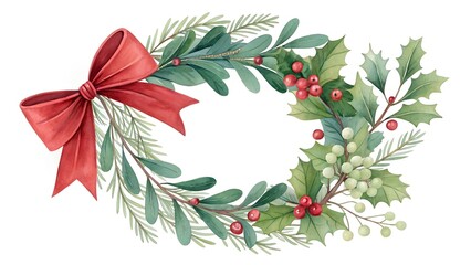 Naklejka premium christmas wreath with mistletoe leaves and bow watercolor