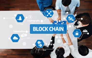 A dynamic team engages in a meeting focused on blockchain technology, showcasing essential concepts such as security, network, and tokenization through vivid visuals. Amity