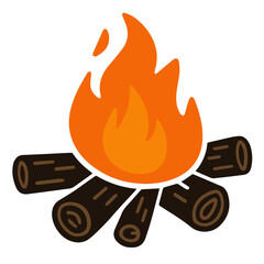 A simple illustration of a campfire with orange flames and dark brown logs.
