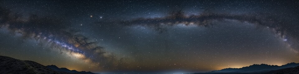 Fototapeta premium Majestic Milky Way Panorama Over Dark Mountains - Stunning Night Sky with Countless Stars - Captivating Astrophotography Landscape Image