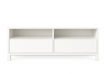 Modern white media console with sleek drawers and open shelving, displaying minimalist entertainment furniture design against transparent backdrop
