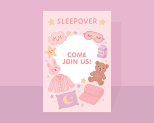 Watercolor illustration of cute sleepover party invitation with bunny slippers, pajamas, and pillow. Soft pastel palette. Perfect for nursery and kids designs
