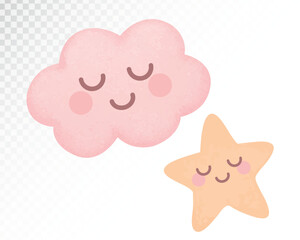 Adorable watercolor illustration of a pink cloud with sleepy face. Soft pastel colors, perfect for nursery decor and bedtime-themed projects.