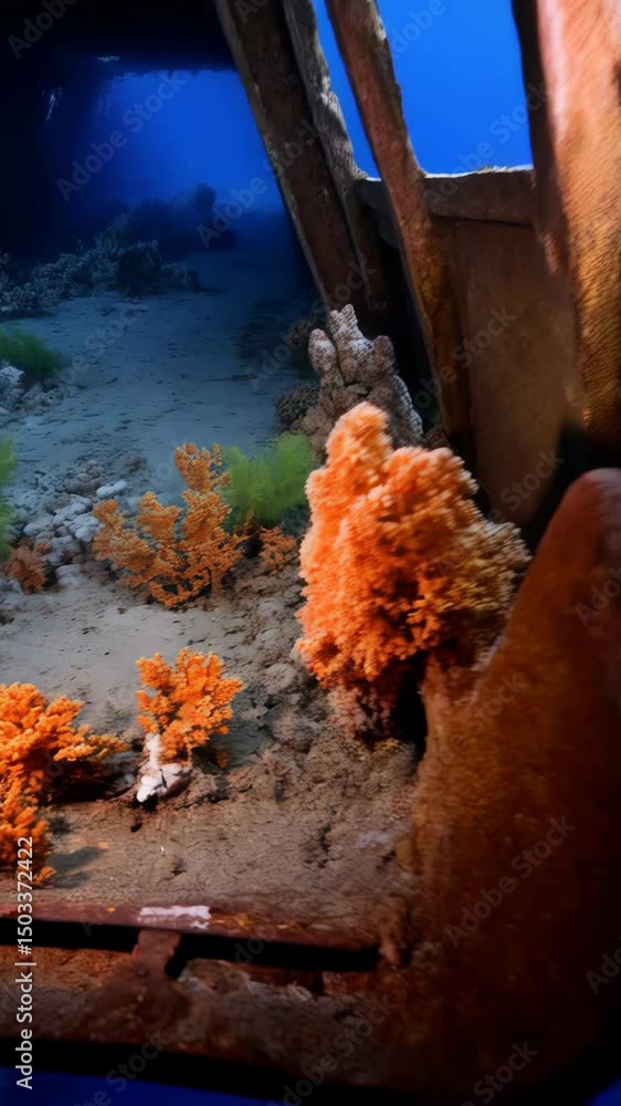 Poster underwater exploration showcasing colorful soft corals and seaweed in a blue ocean with a wreck back