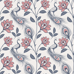 peacock feather pattern on white background.Peacock feather seamless pattern with white background.Design element for wrapping paper, textile, fabric, wallpaper.