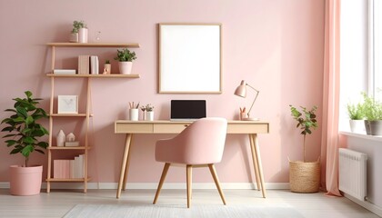Pastel Pink Office Frame Mockup. Small desk, minimalist chair and a single framed art print blank mockup