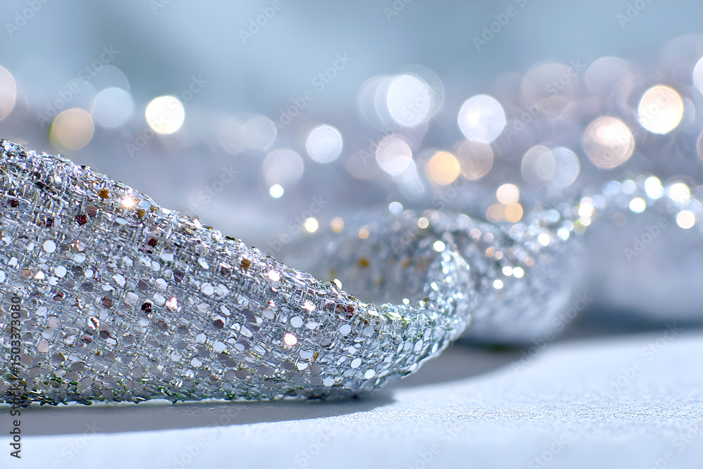 Poster closeup of sparkling silver mesh ribbon with sequins and bokeh lights in soft focus