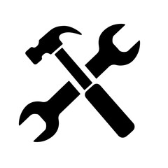 A black illustration of a hammer and wrench crossed, symbolizing repair and maintenance.