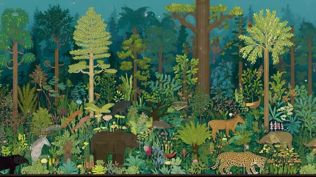 Lush illustrated jungle scene with animals.