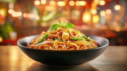 Delicious noodles served in a stylish black bowl.