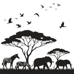 Silhouette of animals and birds in the savannah on white background