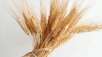 Fototapeta premium A realistic bundle of golden wheat tied with twine, set against a clean white background, ideal for agricultural, harvest, or natural food themes...