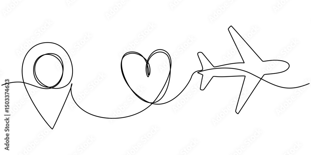 Poster airplane line icon flight route with start point and dash line trace, continuous one line drawing of