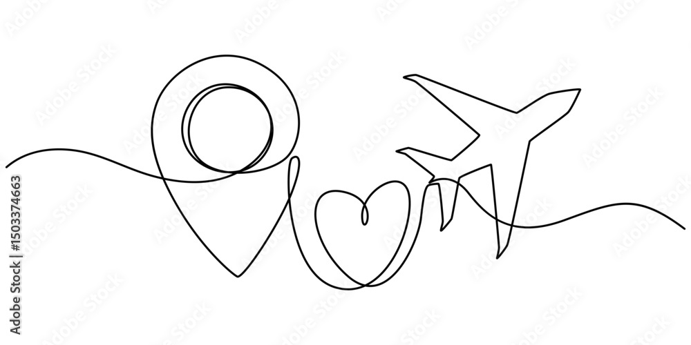 Poster airplane line icon flight route with start point and dash line trace, continuous one line drawing of