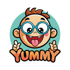 Smiling boy with glasses and tongue out indicates something is yummy