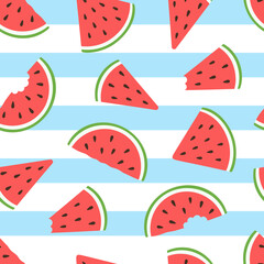 Seamless pattern with fresh ripe watermelon slices on blue striped background. Summer fruit theme wallpaper. Vector illustration in flat style.