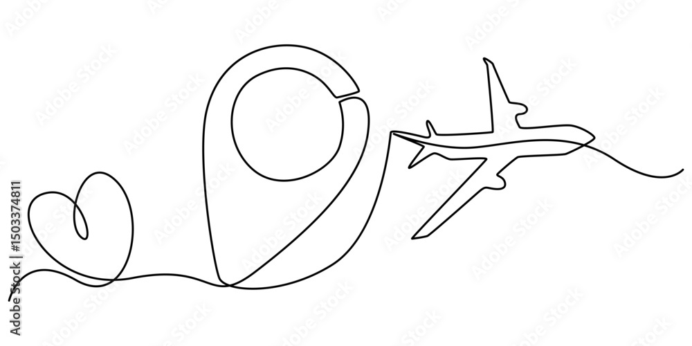Aufkleber airplane line icon flight route with start point and dash line trace, continuous one line drawing of