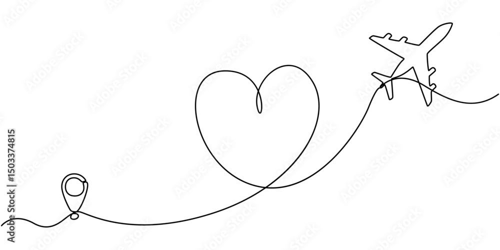Poster airplane line icon flight route with start point and dash line trace, continuous one line drawing of