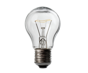 Clear light bulb, exposed filament for design inspiration on a transparent background, cut out