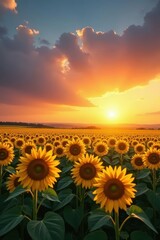 Obraz premium Golden hour illuminates a vast field of sunflowers and corn, sunset backdrop , scenery, plants, photo